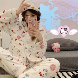 Sanrioed Hello Kitty Kuromi My Melody Women Plush Cardigan Pajama Set Kawaii Anime Kt Homewear Winter Thickened Deliver Eye Mask