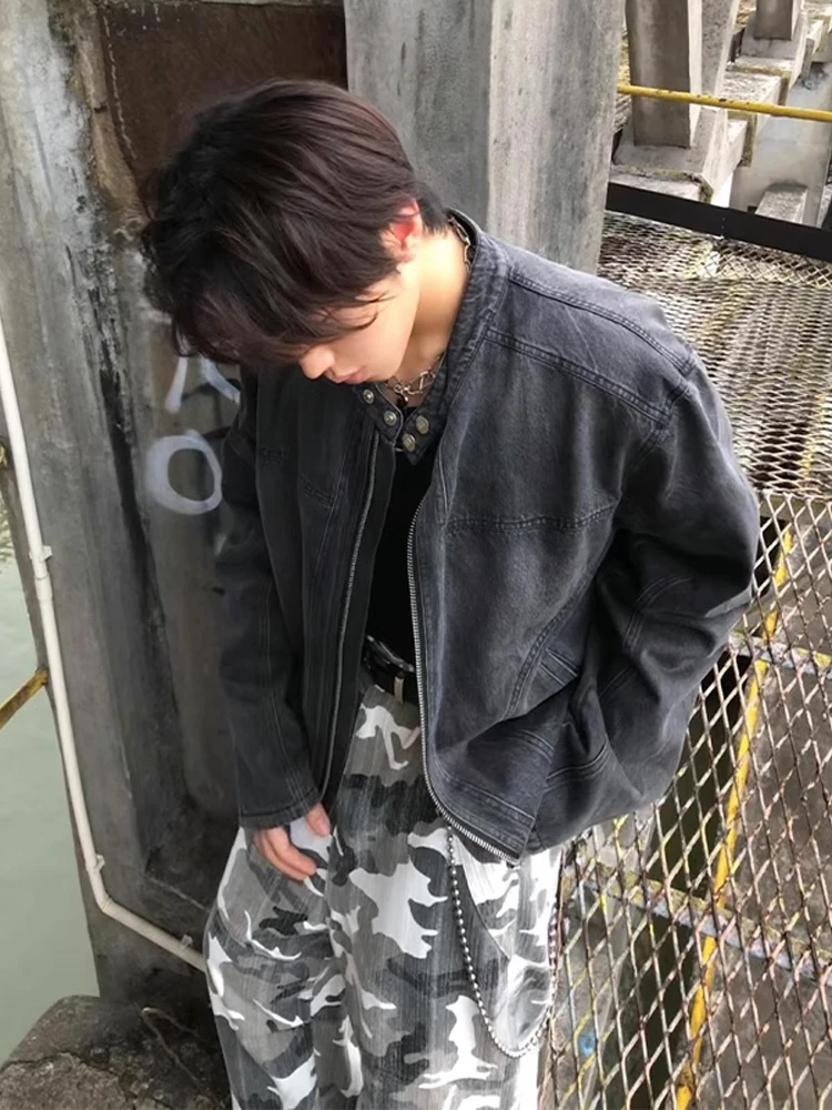 

Мужская джинсовая куртка в стиле ретро в американском стиле, весенне-осенняя крутая рабочая одежда с воротником-стойкой, декор на молнии