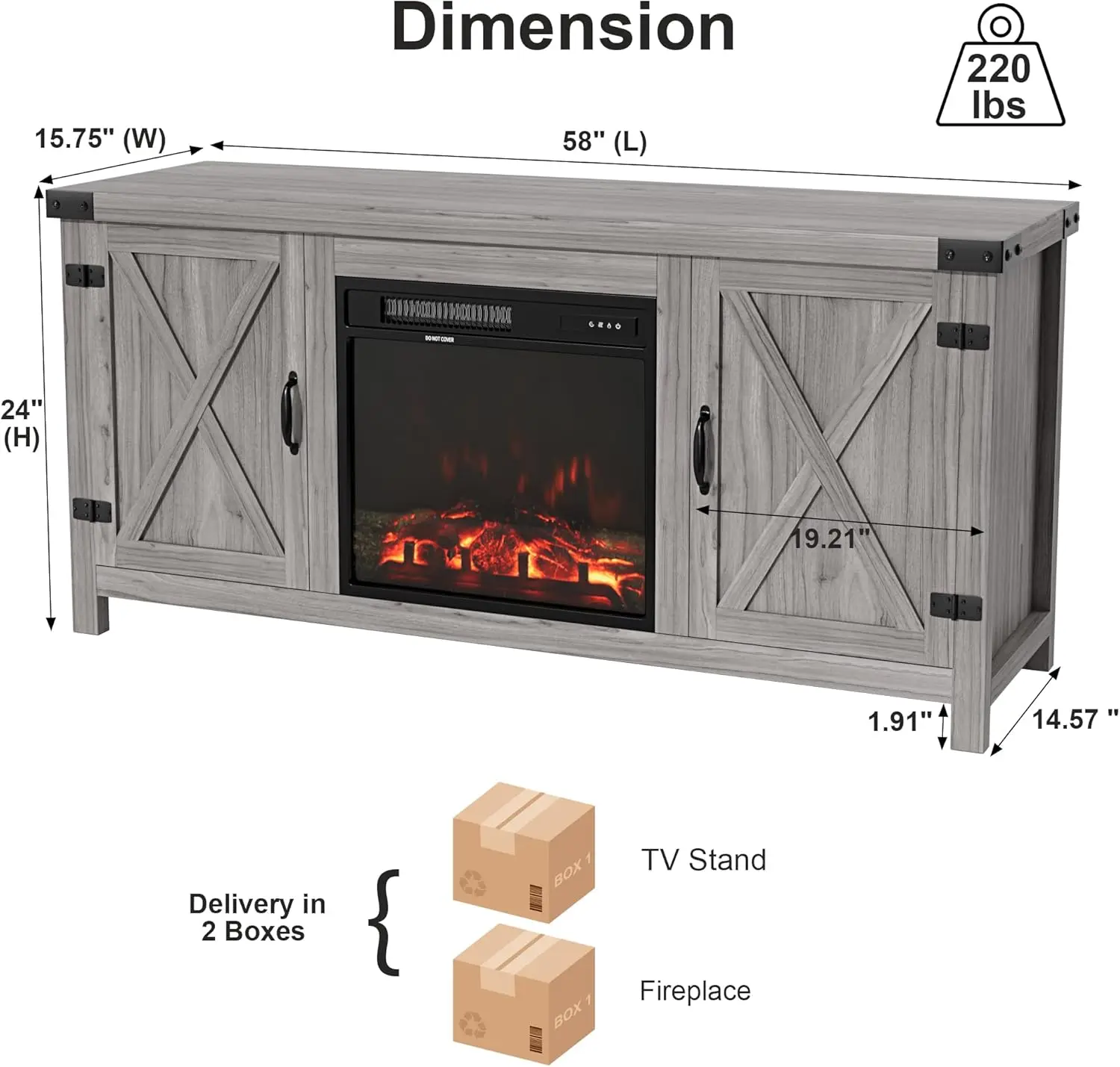 Fireplace TV Stand for Up to 65 Inches TVs, Farmhouse Entertainment Center with Grooved Barn Doors, Rustic Media Console