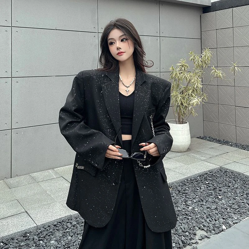블랙 스팽글 패션 블레이저 여성 우아한 느슨한 체인 패치 워크 세련된 정장 재킷 간단한 Office 레이디 특대 어깨 패드 코트