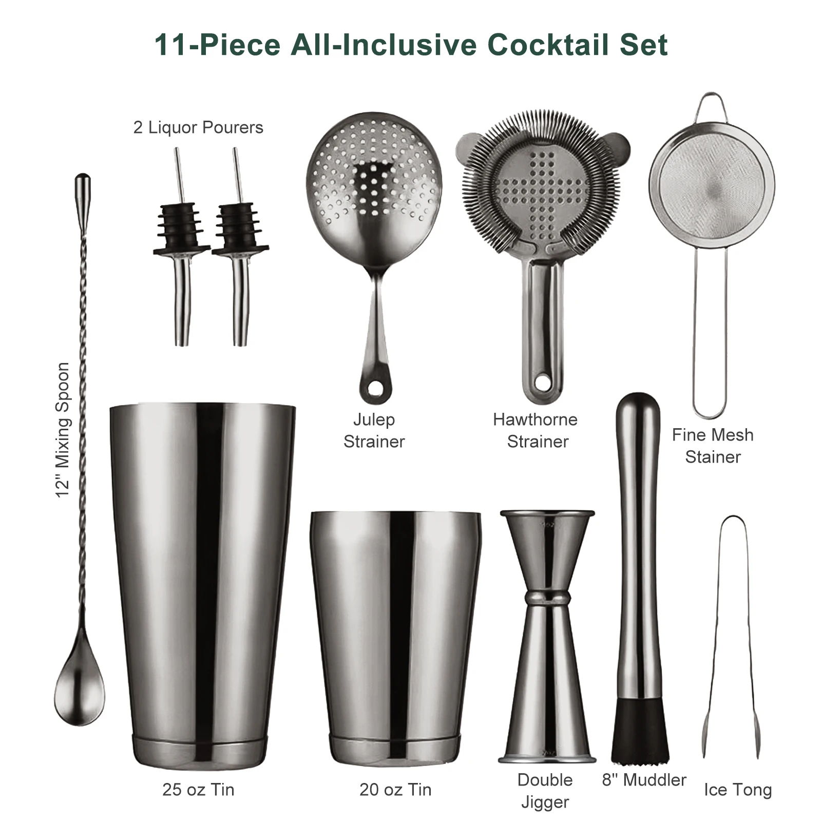 Aoresac 11-Piece All-Inclusive Cocktail Set Stainless Steel Cocktail Shaker Set Boston Shaker Home Bartender Kit