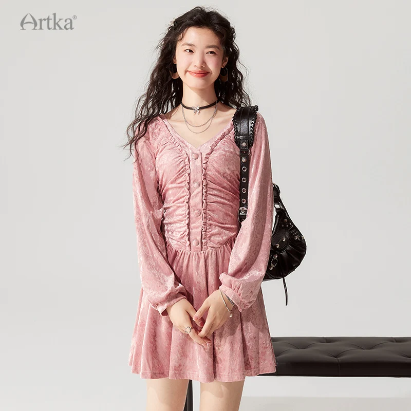 

ARTKA 2023 Early Autumn New Women Dress French Elegant Velvet High Waist V-Neck Dresses Long Sleeve A-Line Pink Dress LA92335Q