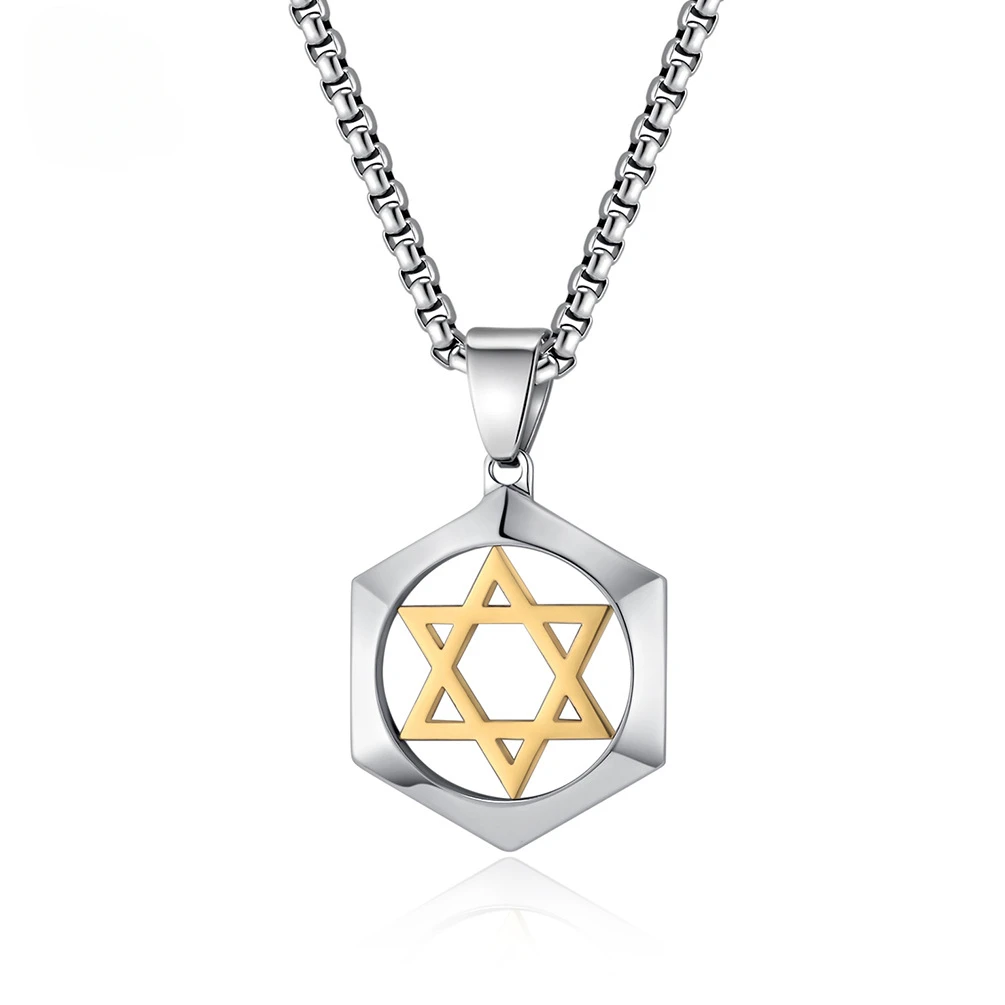 New Trendy Stainless Steel Two Tone Jewish Star David Pendant Necklace