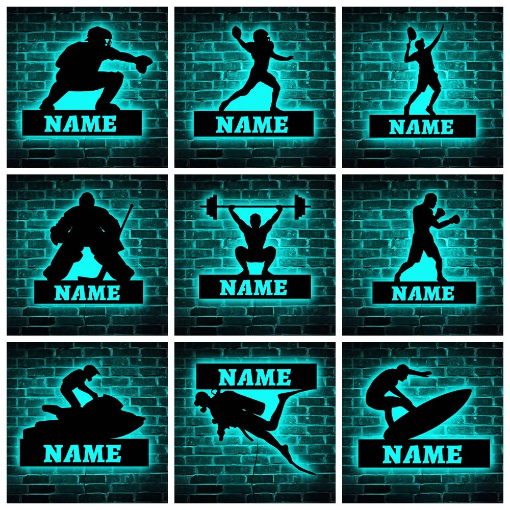 Personalized Sport LED Neon Wall Lamp Custom Name Baseball/Rugby/Surfing/Boxing/Tennis/Skiing/Weightlifting Wood Lights Decor