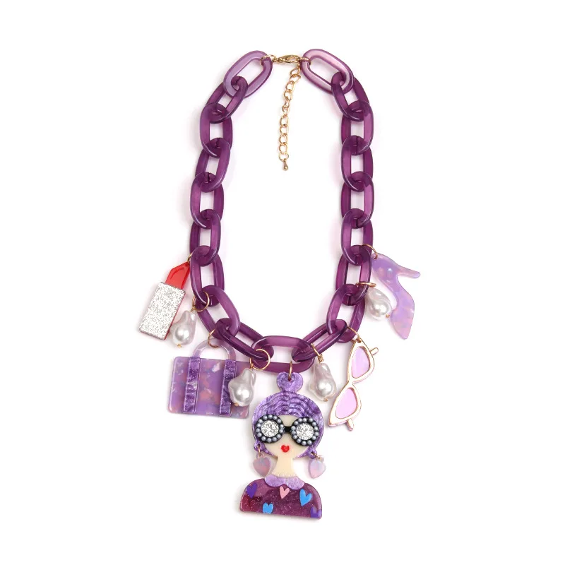 Vintage Luxury Acrylic Lady Head Necklace - Statement Long Niche Unique Best Seller Layerable Cross-Border Jewelry Halloween