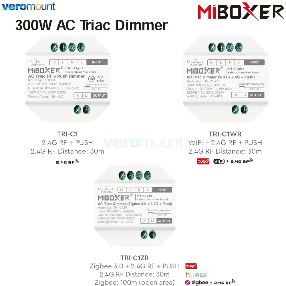 MiBoxer AC Triac Dimmer RF Push Dimmer TRI-C1/ TRI-C1WR/ TRI-C1ZR 110V 220V 300W App /Voice /Remote Control for LED Bulb Lights