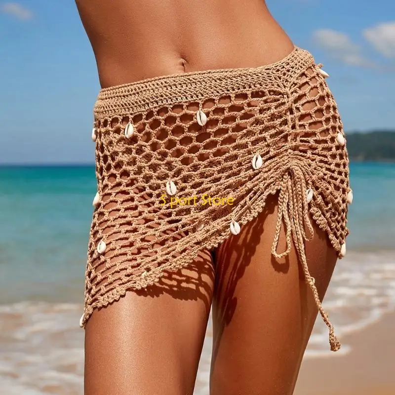 U2JB Hollow out Beach-Skirt for Women Drawstring Beach-Skirt Knitted Beach-Cover Up