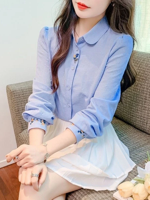 

Весна-Осень 2025: Новая женская блузка из чистого хлопка с вышивкой, длинным рукавом, модная, универсальная, для делового и повседневного стиля