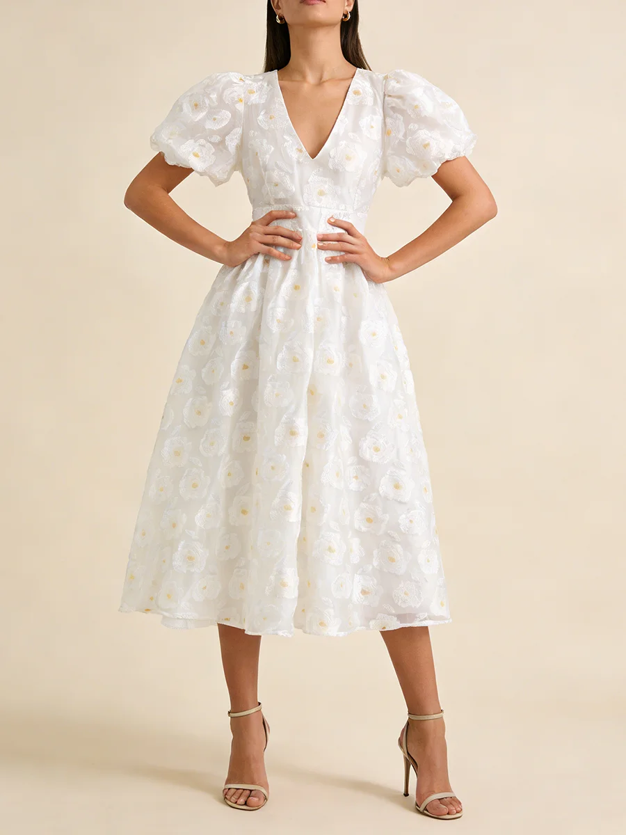 TWOTWINSTYLE Art Exhibitions White 3D Floral Midi Dresses for Women V Neck Puff Sleeve Sheer Mesh Flared Skirt for Wedding Guest