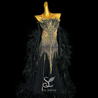SYL black woman pearl chiffon sleeveless sew-on stone feather boas ballroom latin dress standard dance dress junior