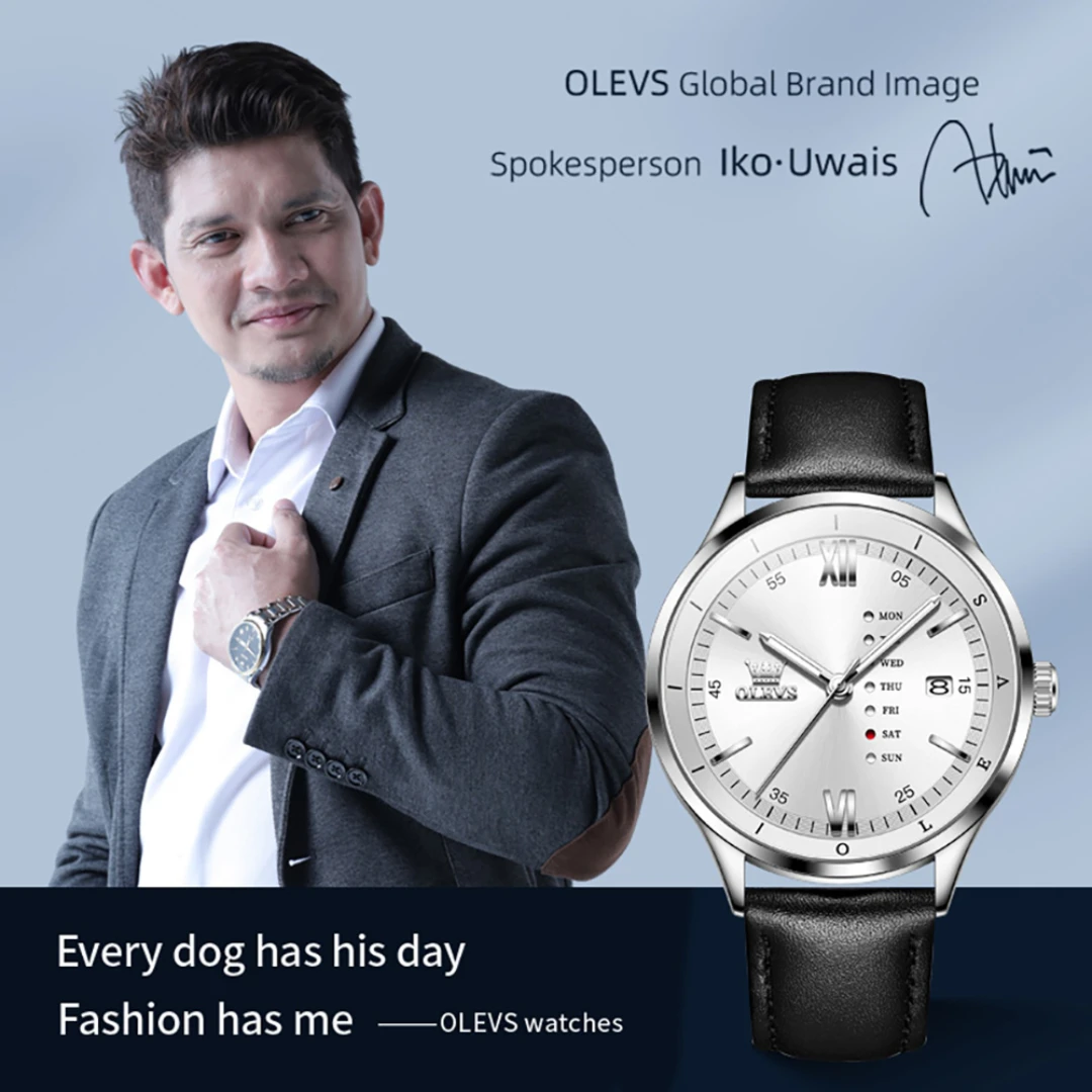 OLEVS 2931 Fashion Quartz Watch Gift Leather Watchband Round-dial Calendar