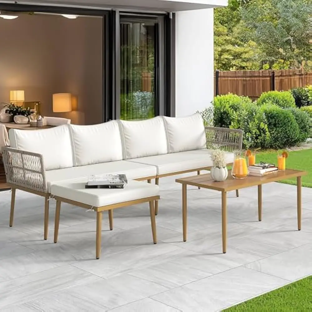 

Patio Furniture Set, 6 Pieces Outdoor Rattan Woven Sectional Sofa Patio Loveseat w/Ottoman and and Side Table, Conversation Set