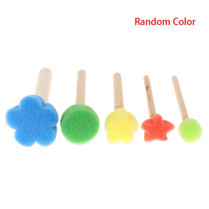 Juego de pinceles de esponja con mango de madera para niños, herramientas de pintura de arte DIY, patrón de flores coloridas divertido, juguetes de dibujo, regalo, 5 uds.