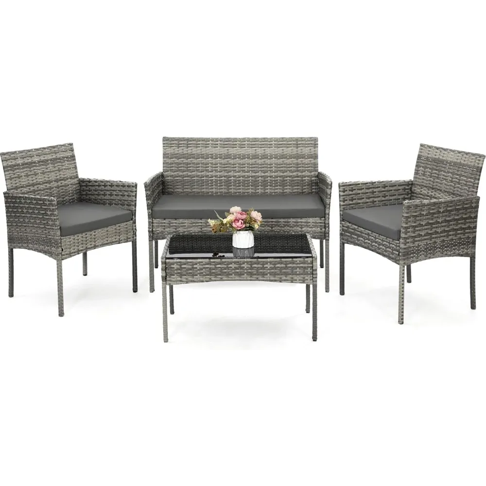 

4-piece set of terrace furniture, willow outdoor furniture, extra long matching rattan sofa with 2 side chairs