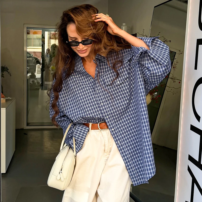 Linad Street Chic Check With Pocket Shirts Vintage Single Breasted Blouse Woman 2025 Autumn Cotton Long Sleeve Tops Women Casual