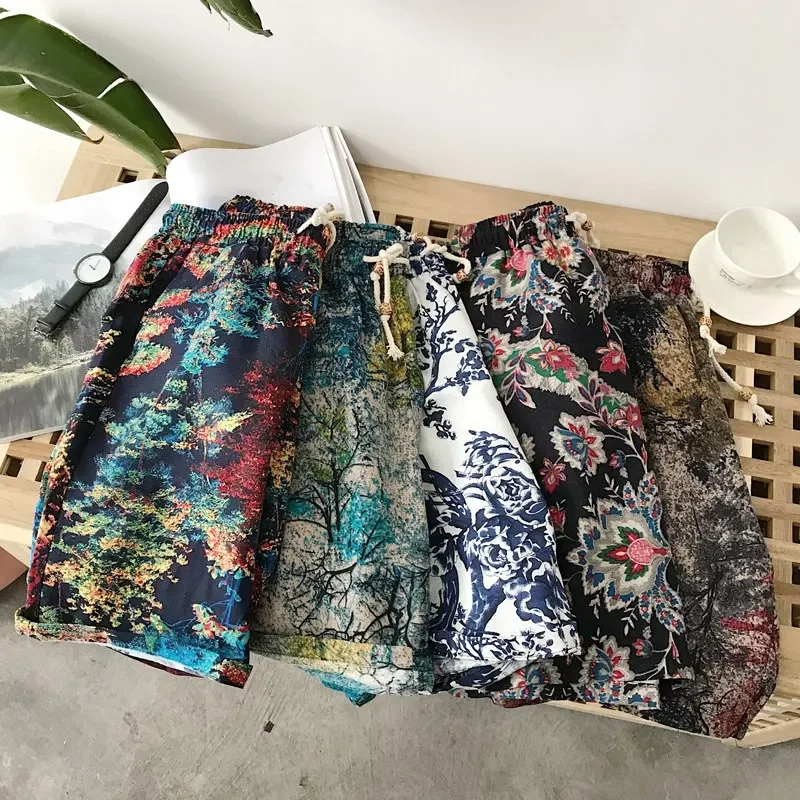 Summer New Boutique Flower Cotton Linen Men's Casual Beach Shorts Men's Comfortable Breathable Leisure Shorts Male