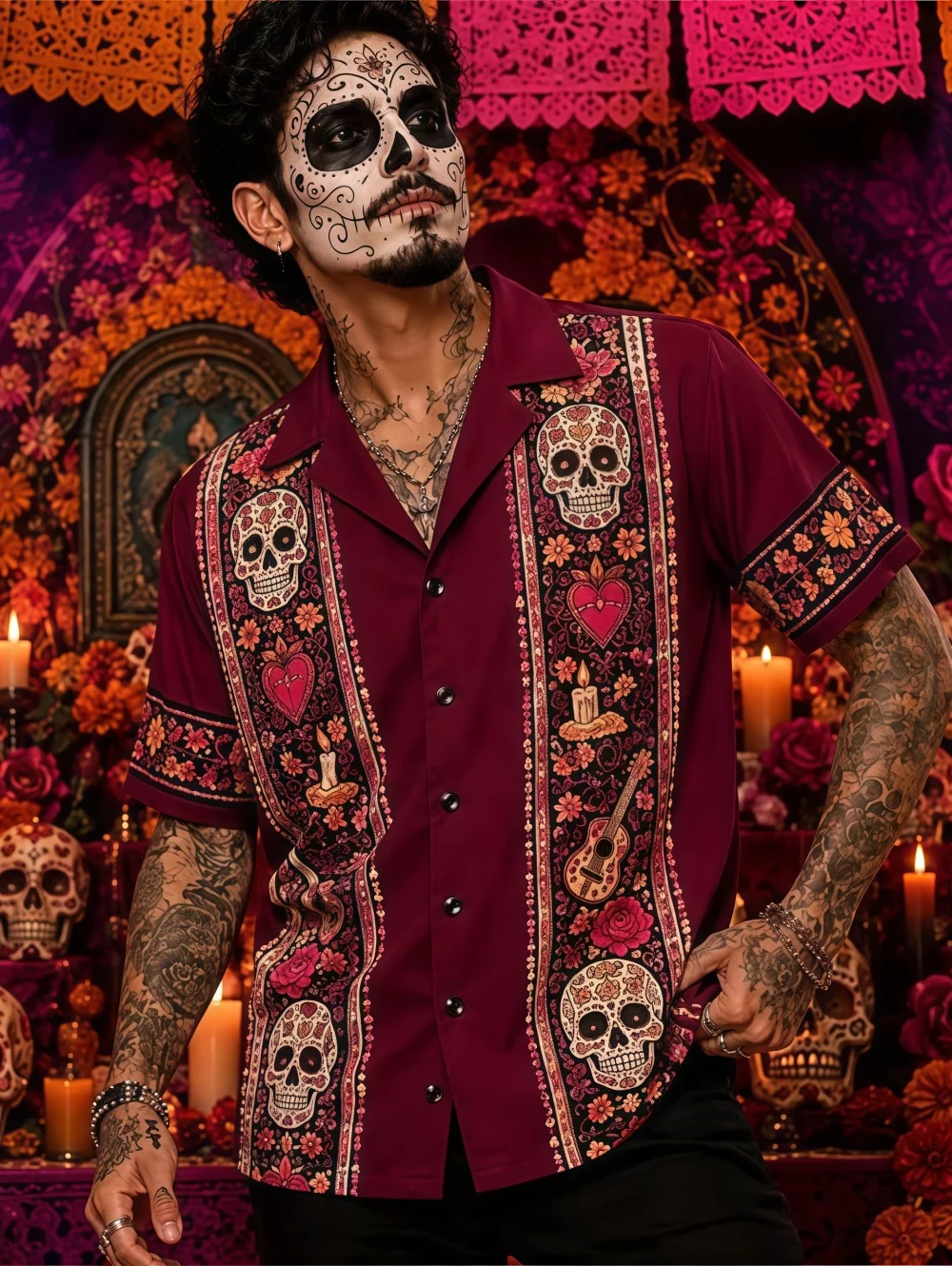 New Style Skeleton Collared Short-Sleeve Men's Shirts Vintage Print Day of the Dead Short-Sleeve Shirt Casual Men's Clothing