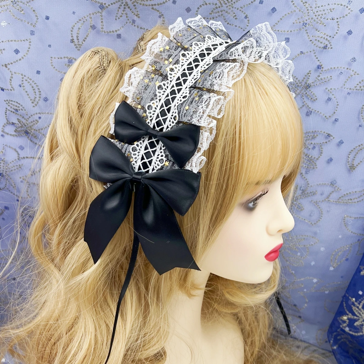 Sweet Star Embroidery Lace Ribbon Lolita Ruffled Headband Bow Hairband with Hairpins Anime Maid Cosplay Headdress