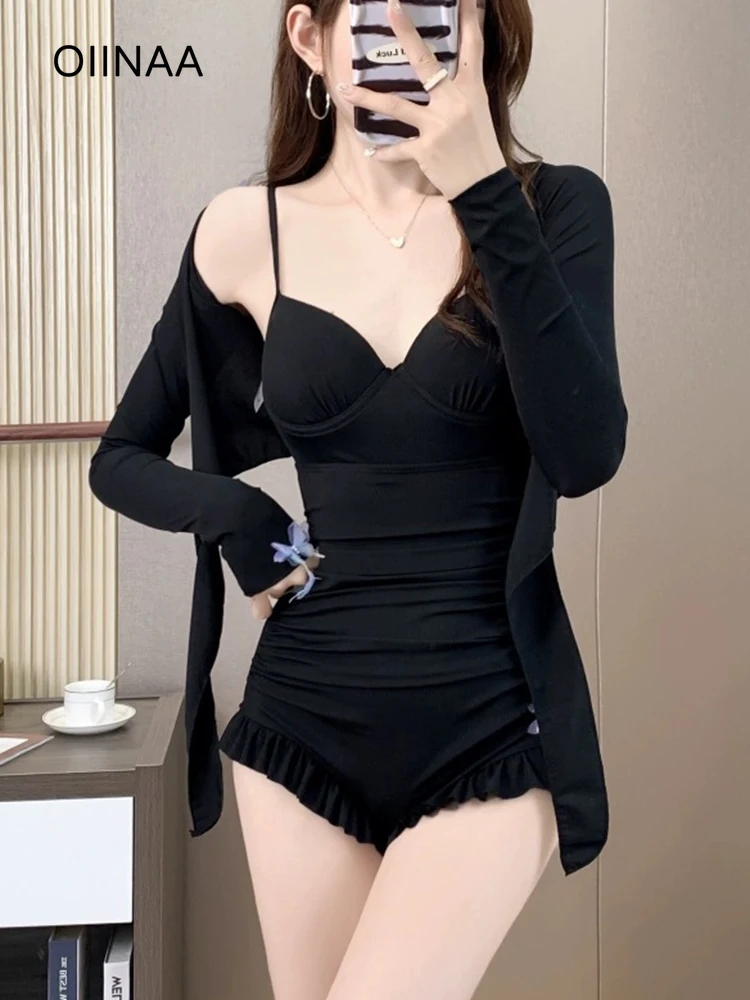 

OIINAA Sexy Bathing Suit Women Backless Butterfly Decor Beachwear Ruffled Black Bodysuit Summer 2025 Korean Hot Spring Swimwear