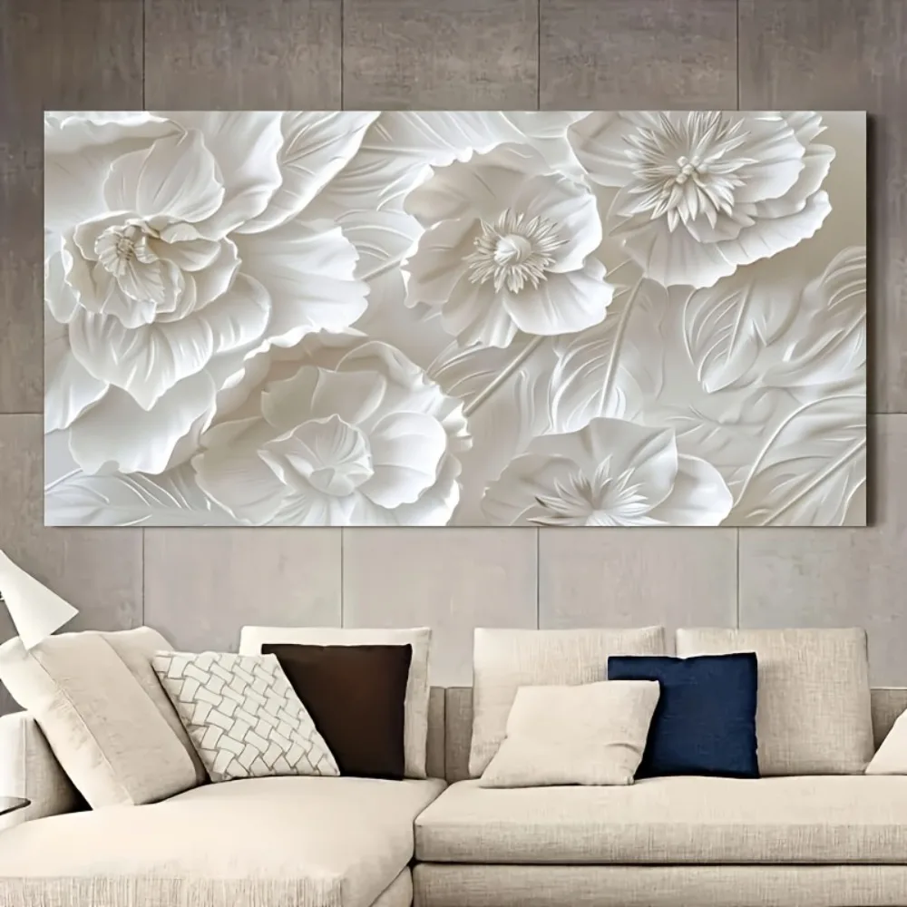 A frameless modern wall art piece depicting white flowers, a canvas poster suitable for bedroom decor, living room or hallway.