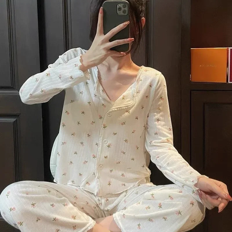 Women Pajamas Plus Size Women's Pajamas S-4XL Trouser Suits Floral Home Wear 2 Pieces Underwear Set Sweet Heart Cardigan Nightie