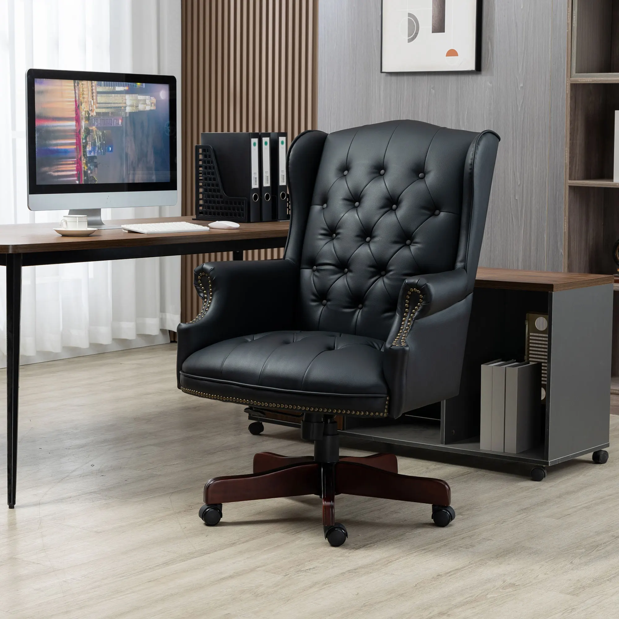Executive Office Chair, Ergonomic High Back Desk Chair with Thick Padded Seat, PU Leather Computer Chair with Smooth Rolling Casters, Black