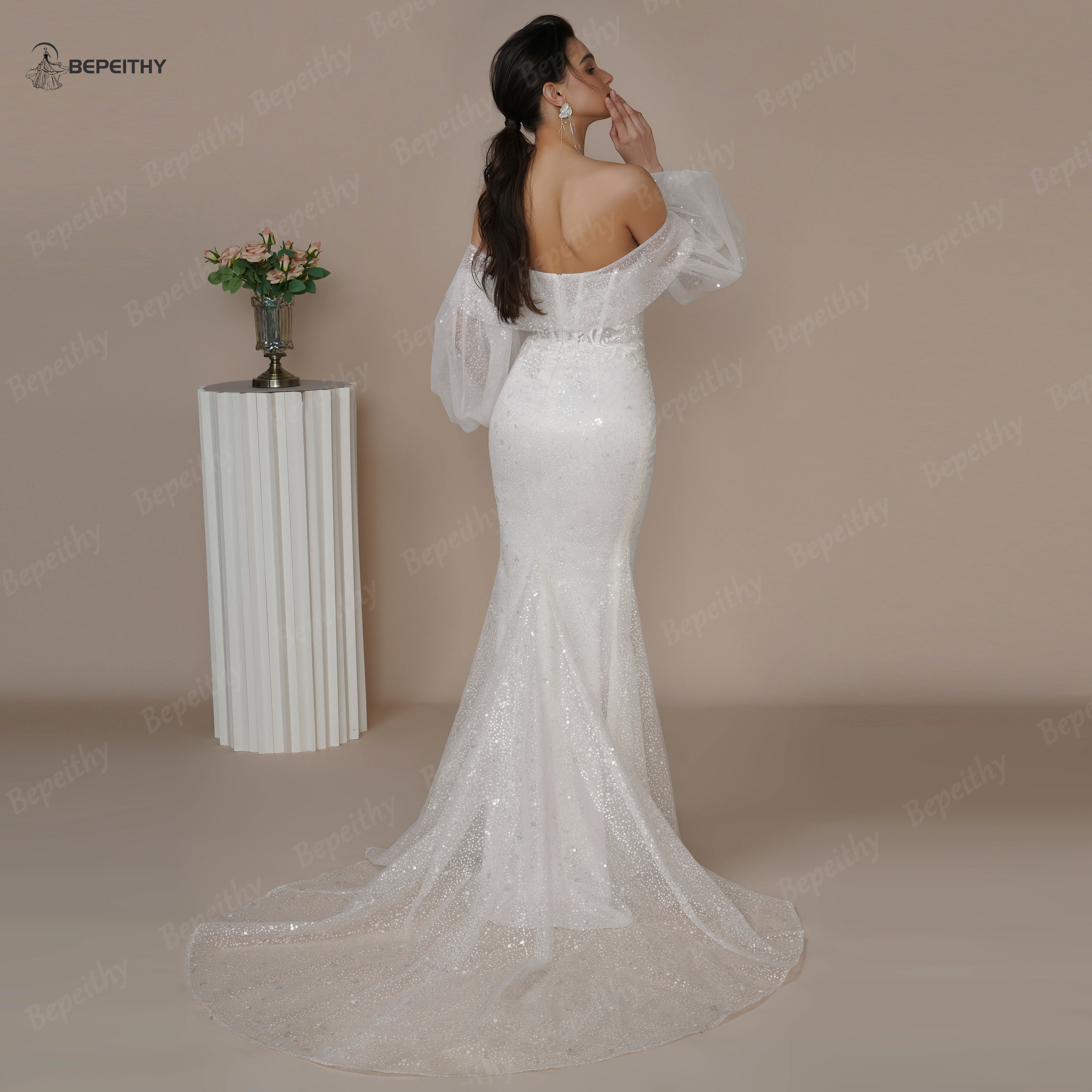 BEPEITHY Customized Sweetheart Glitter Mermaid Wedding Dresses 2023 Summe Sexy Boho Bride Bridal Party Gown Detachable Sleeves