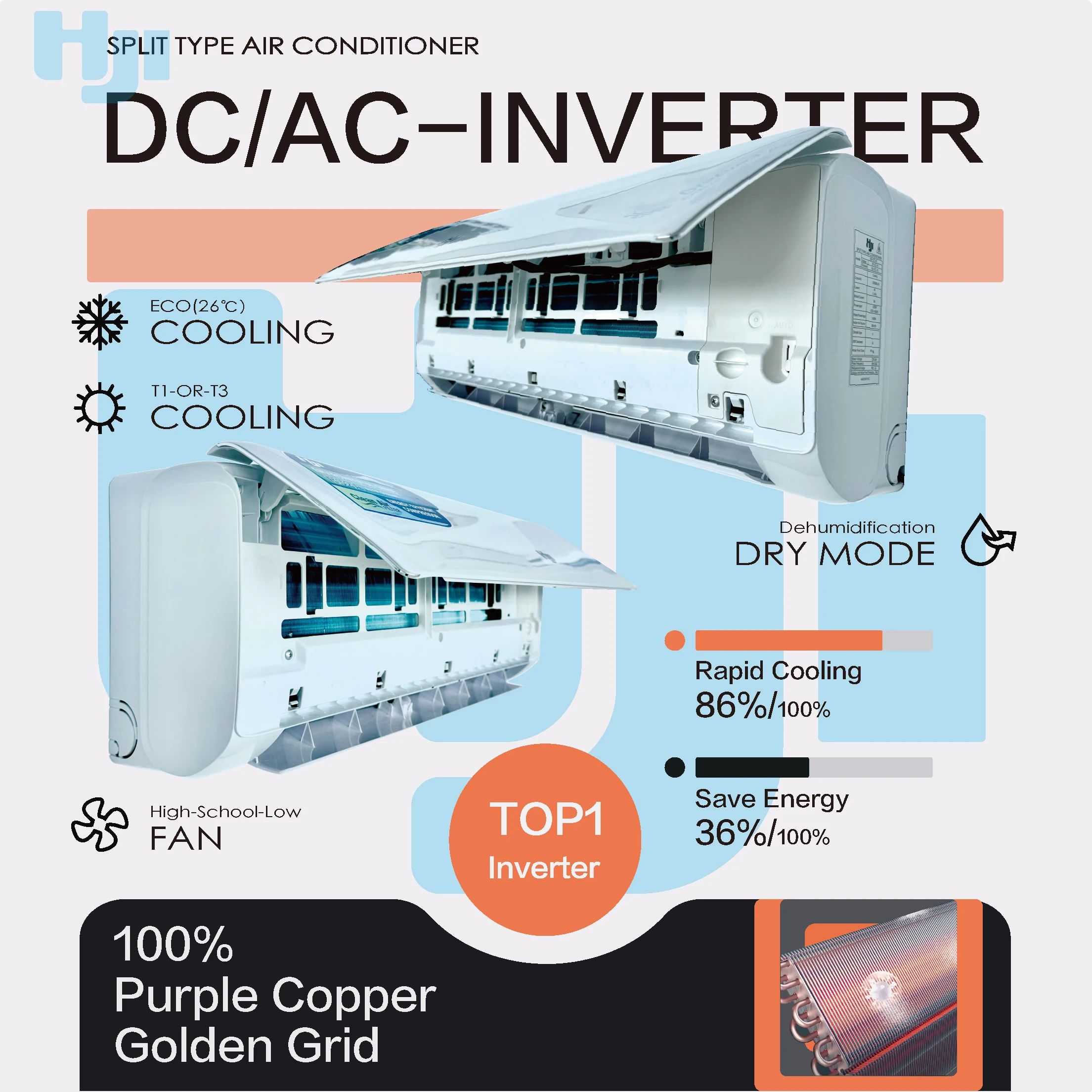 24,000 BTU インバータースプリットエアコン - スマート WiFi 省エネエアコン (R32 エコ冷媒、220V、超静音 19dB)