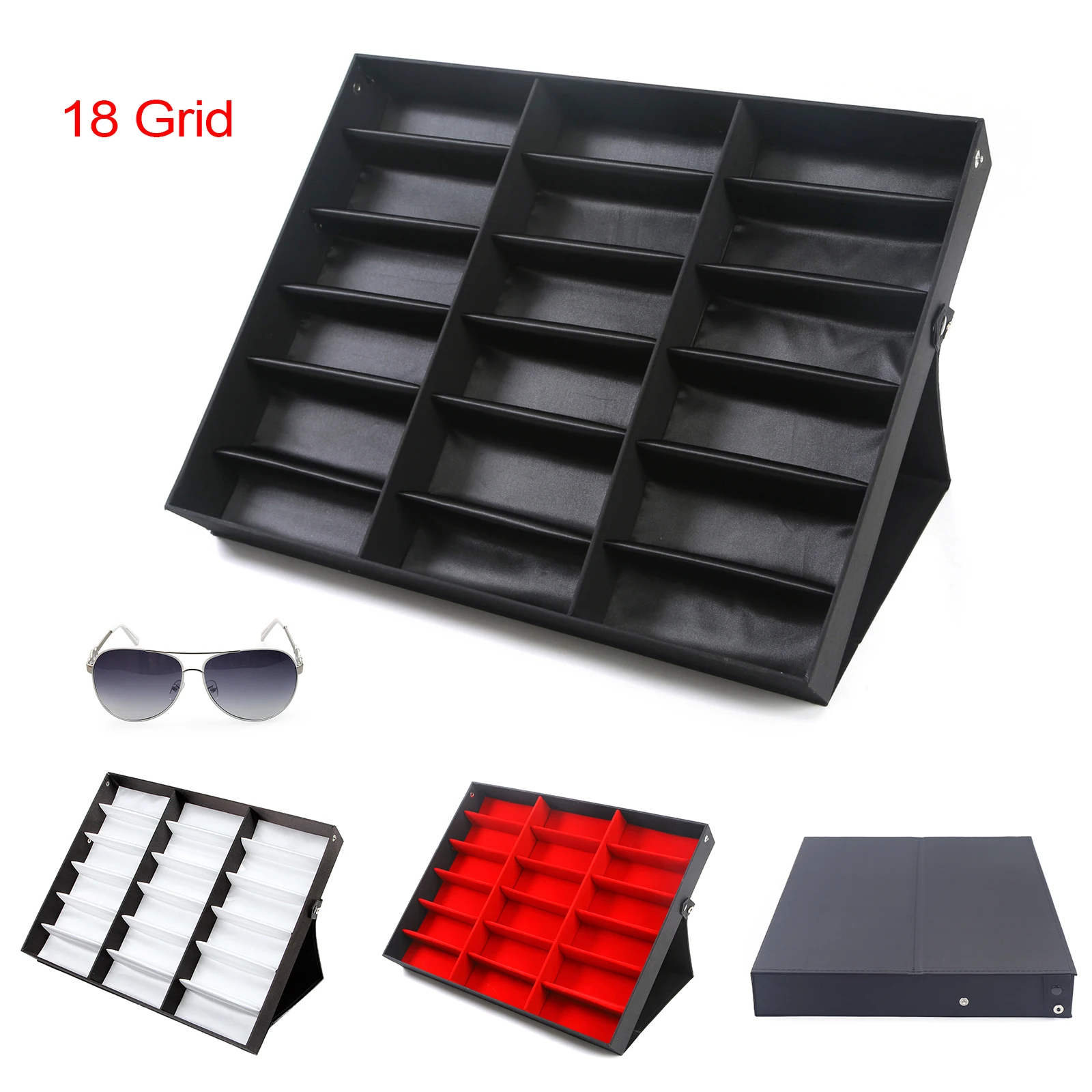 18 Grid Sunglasses Storage Box Glasses Display Case Holder Black/White/Red