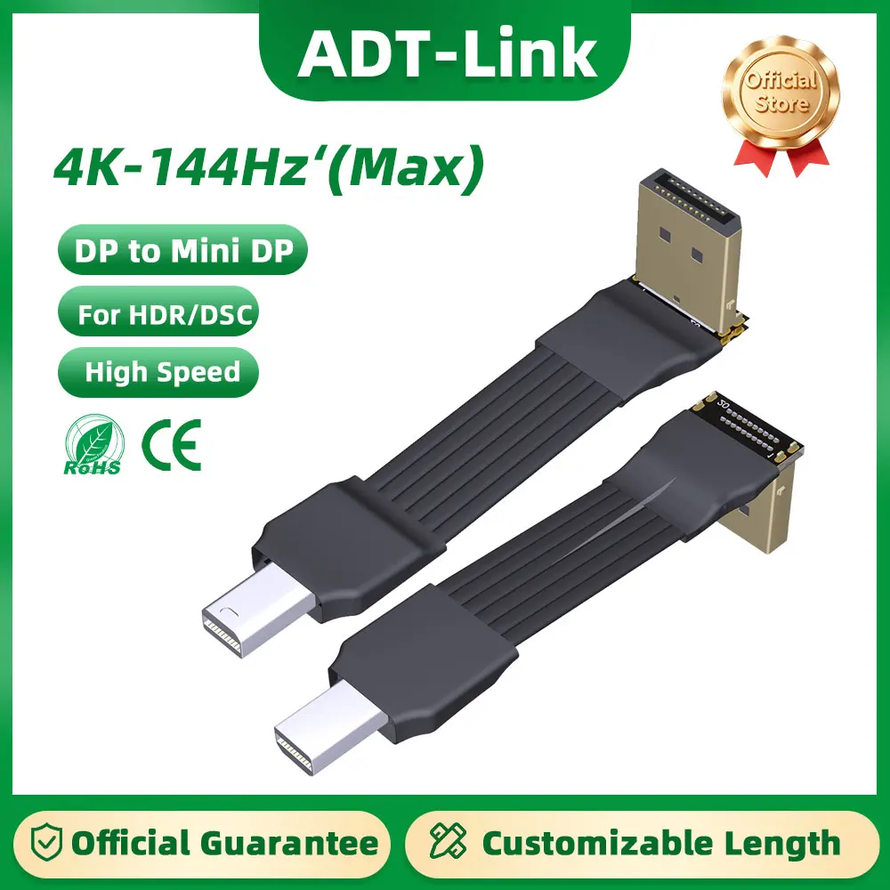 ADT-Link DP To Mini-DP Extension Cable Mini DisplayPort V1.4 Flat Ribbon Adapter High Speed 1080P-240Hz 2K-144/165Hz 4K-144Hz