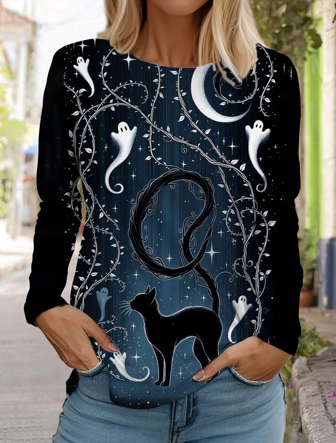 Christmas Cute Cat Women\'s Long Sleeves T-Shirt  Autumn New Animal Clothing Holiday Gift Clothing Fashion Casual Party T-Shirt