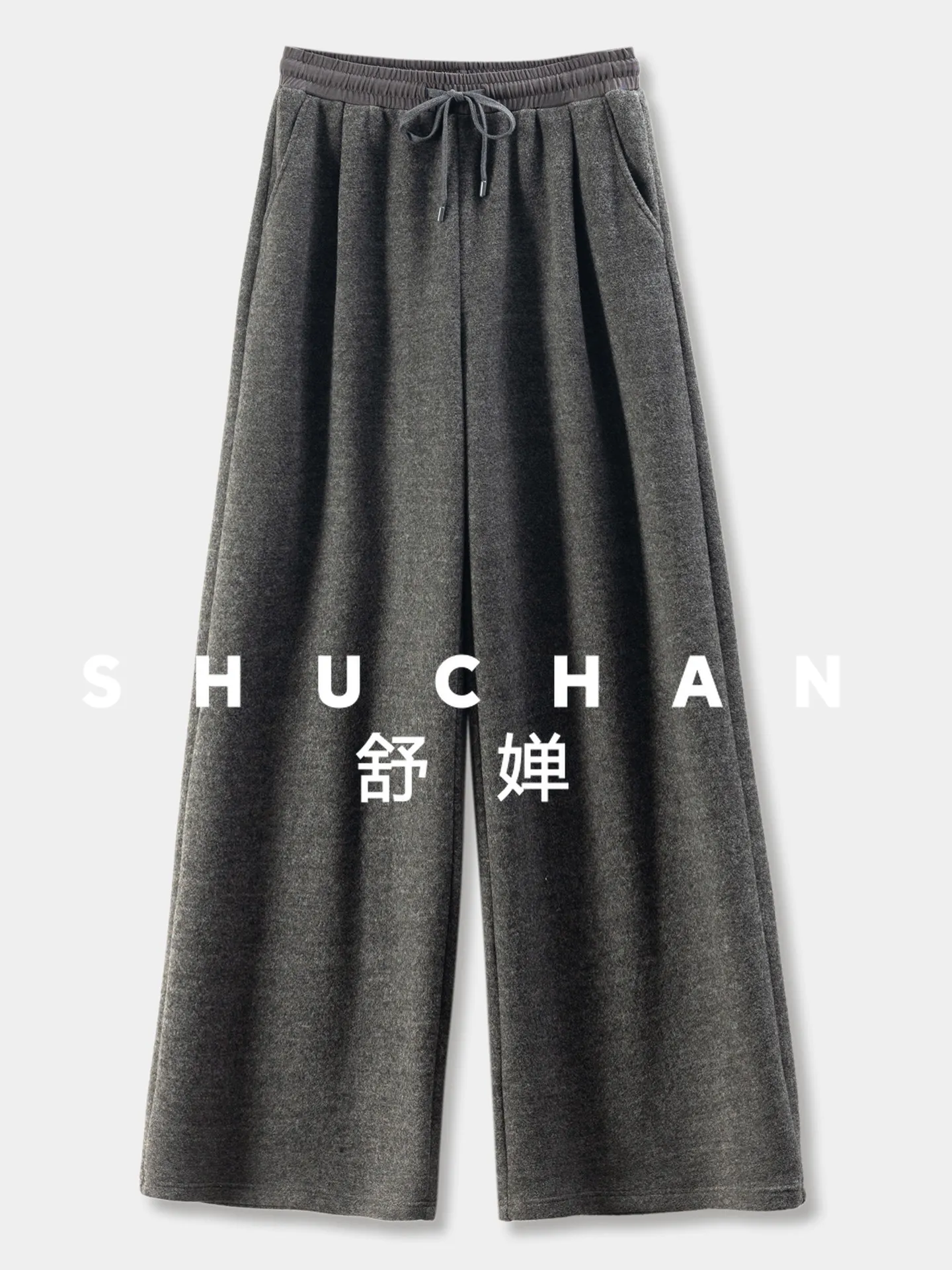 Calças grossas femininas de alta qualidade cintura elástica velo em linha reta calças de lã de perna larga feminina 89e4