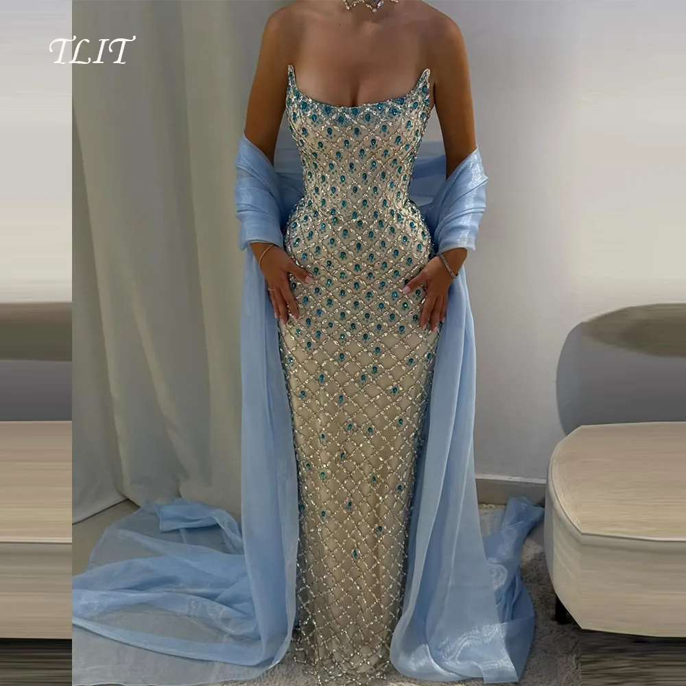فساتين سهرة بحورية البحر من الساتان اللامع من TLIT مخصصة من فساتين سهرة بدون حمالات بكريستال الأورجانزا شال فساتين حفلات