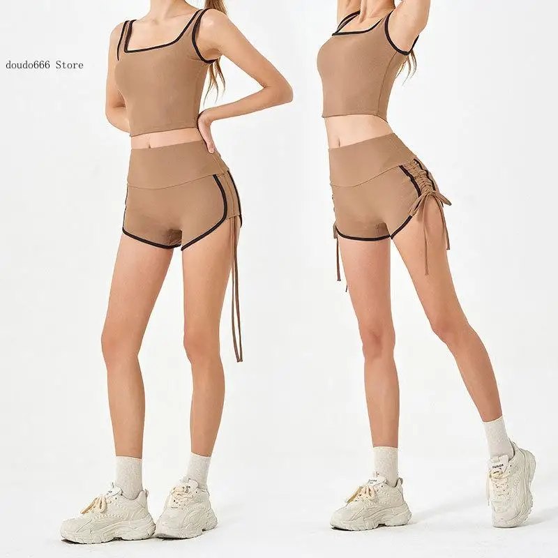 Spring and Summer Slim Drawstring Contrasting Sports Shorts for Women High Stretch Hip Lifting Fitness Yoga Pants