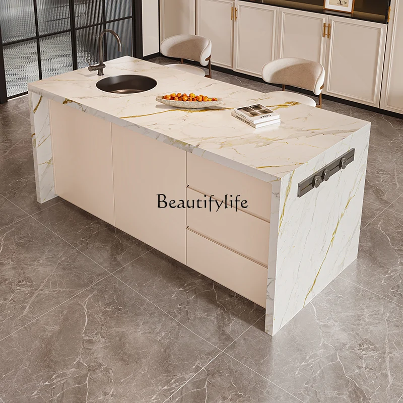 

Rock slab island dining table integrated bar counter white cream wind kitchen partition multi-function