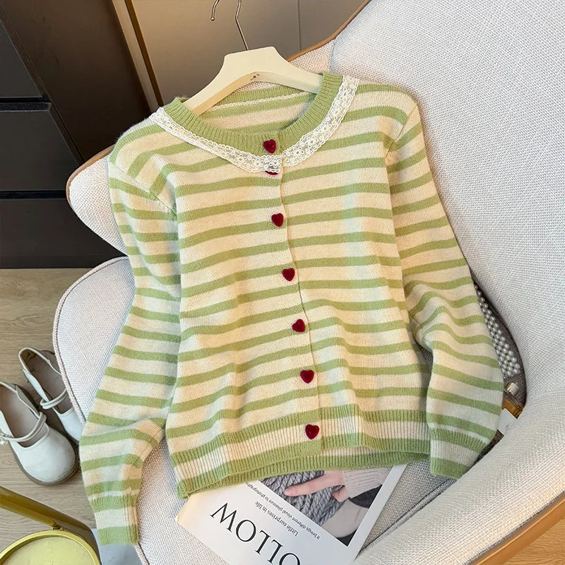 Women Elastic Striped Knit Cardigan Jacket Lace Sweater Heart Buttons Long Sleeve Cropped Ladies Sweet Casual Outerwear Coat Top