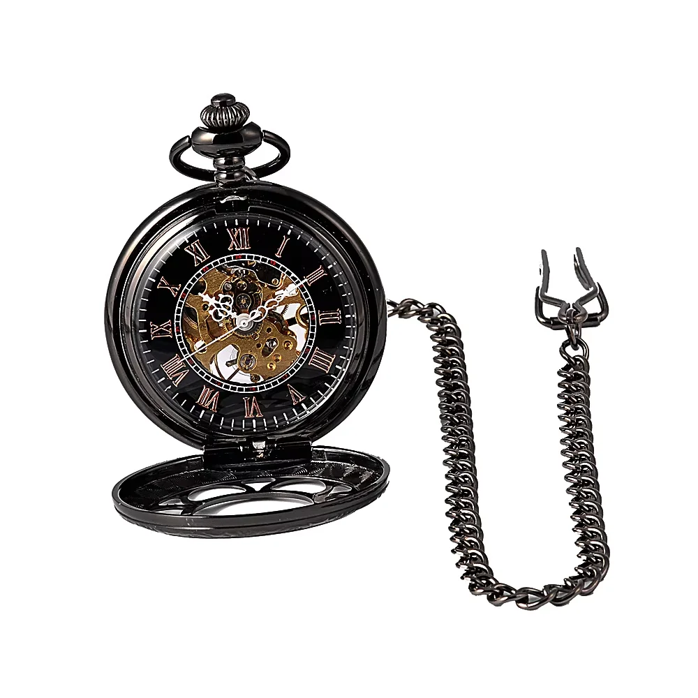 8940Fashion retro large pocket watch black petals gold surface mechanical pocket watch with waist chain