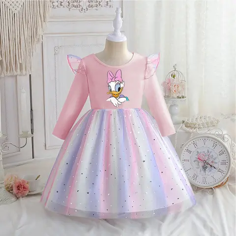 New Rainbow Minnie Princess Dress Disney Girls Dress Spring Long-sleeved For Children Kids Clothes Birthday Party Daisy Dress