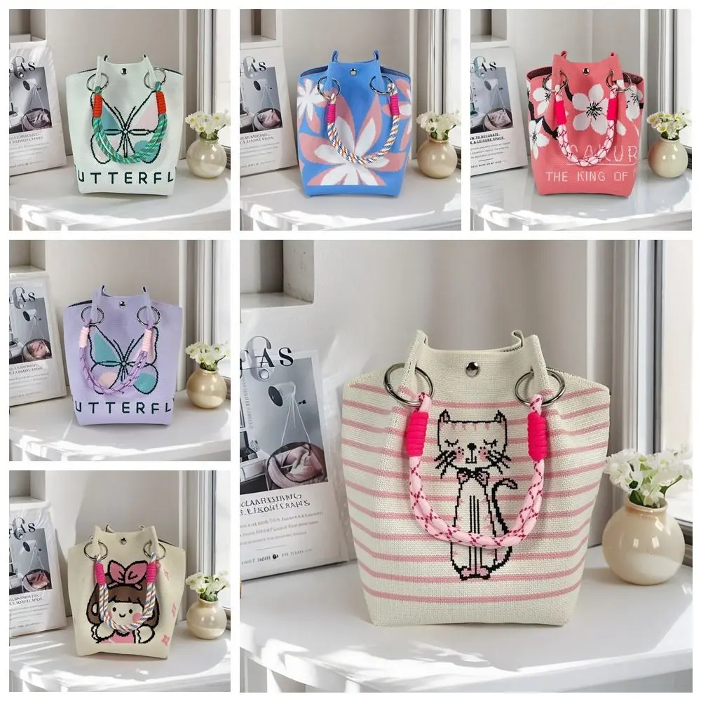 لطيف المحمولة محبوك حقيبة المعصم فراشة مطبوعة الأزهار متماسكة حقيبة يد العصرية محفظة نسج دلو حقيبة حقيبة تسوق #6