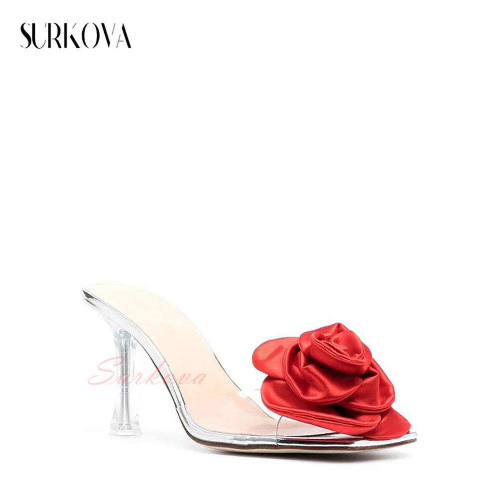 Red Satin Rose Slippers Transparent Pvc Open Toe High Heel Sandals Ladies Summer Outdoor Slippers Fashion Cat Heel Slippers New