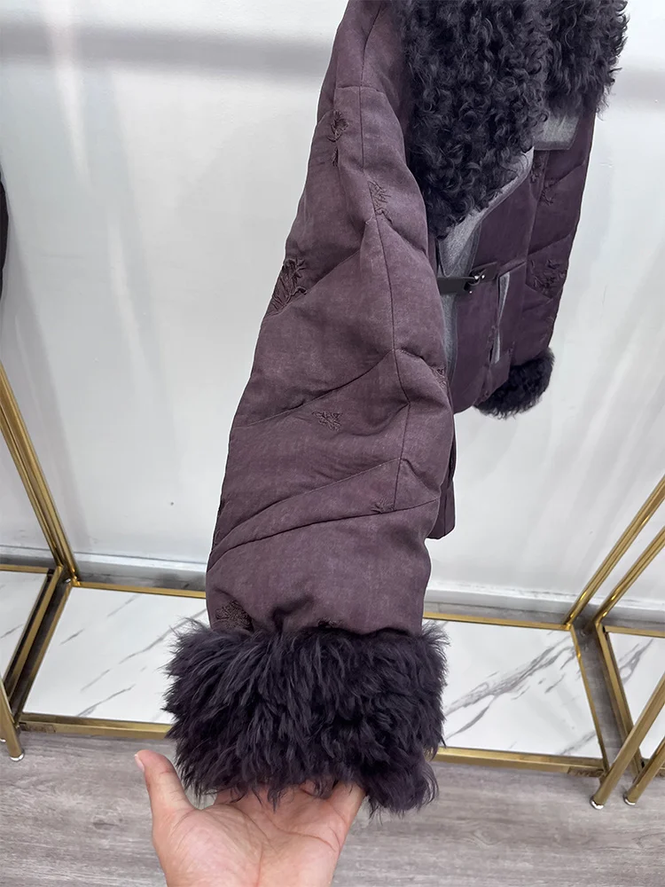 2025 Winter Natrual Real Sheep Lamb Fur Collar Women's Warm Denim Coat Goose Down Jacket Luxury Thick Outwear Female Coats