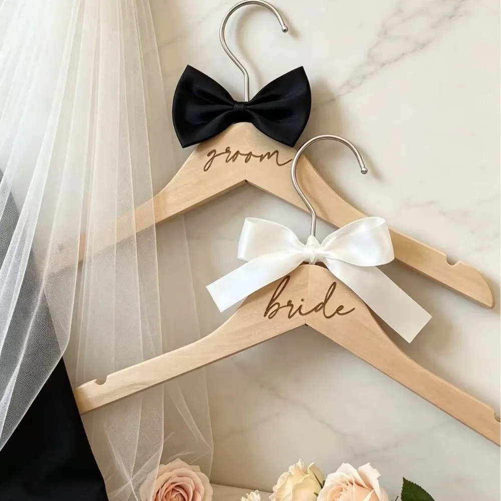 Laser Engraved Wooden Bride Clothes Hanger Wedding Clothing Organization Clothing Hanging Groom Clothes Hanger Solid Wood