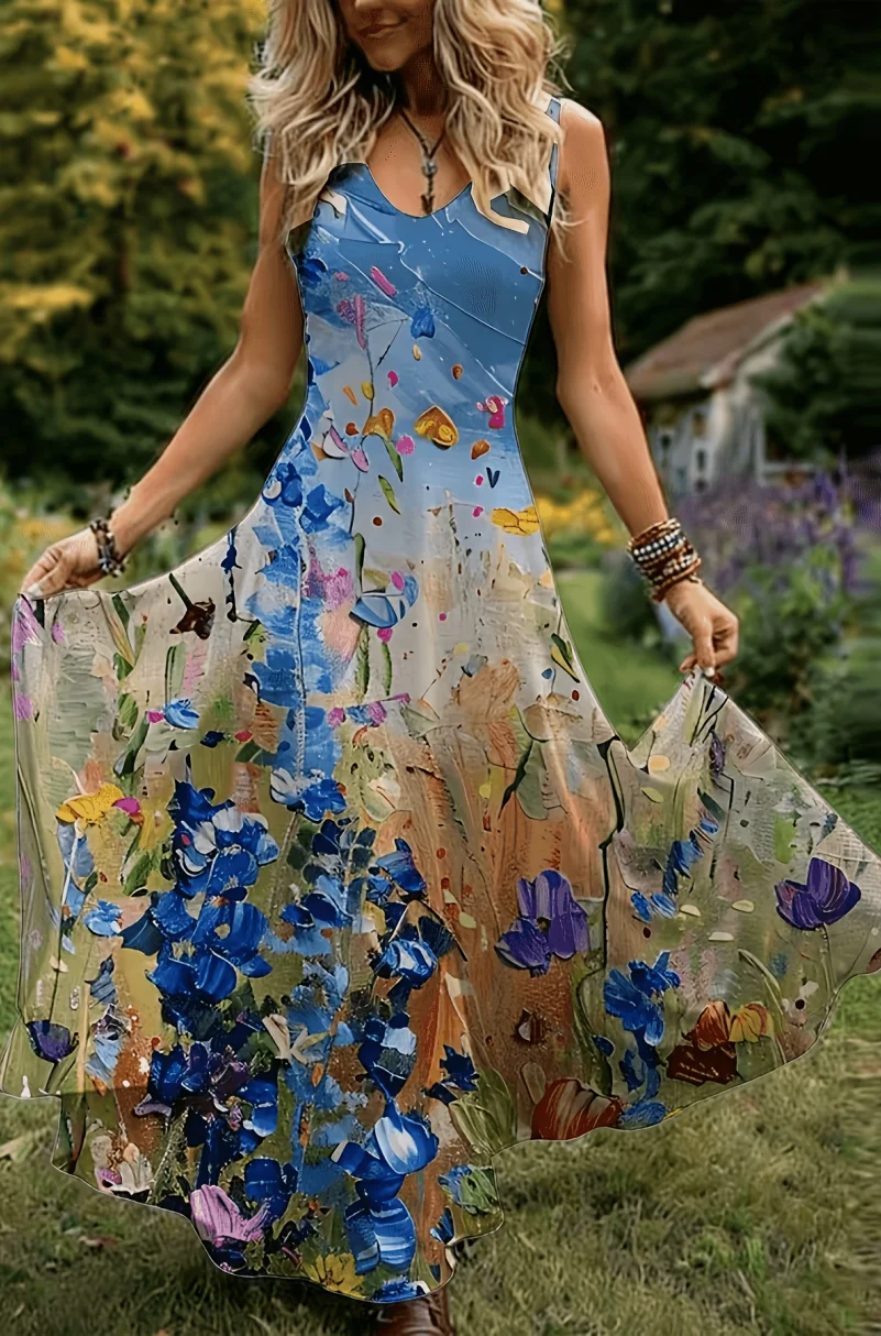 2D Flat Print Women's Vintage Elegant Vacation Sleeveless Dress, V-Neck Floral Print A-Line Flowy Long Dress, Machine Washable, Suitable for Casual Wear and Vacation Attire