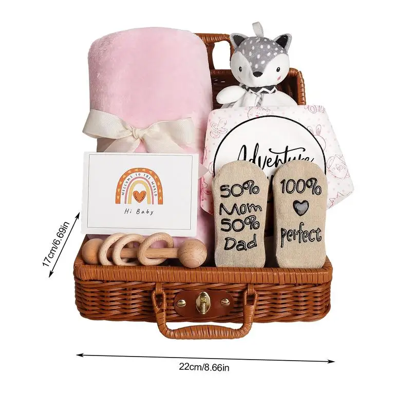 

7-in-1 Baby Shower Birthday Party Favor gift Basket Candy Box with Baby Blanket Baby Rattle and Baby Welcome Box Boy Girl Gift