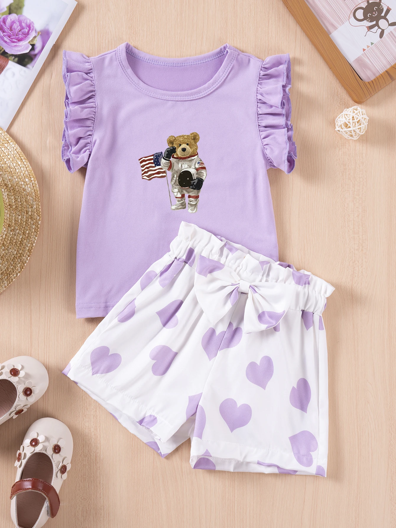 Girls Cartoon Print Summer Ruffle Costume 2Pcs Sets Kids Heart Pattern Fly Sleeve Shorts T-Shirt Babys Shorts Casual Wear