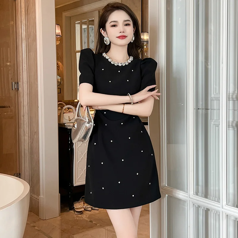 Korejepo Diamond New Dresses Heavy Industry Encrusted Waist A-shaped Pendulum Dress High End Evening Women Vestido 2024