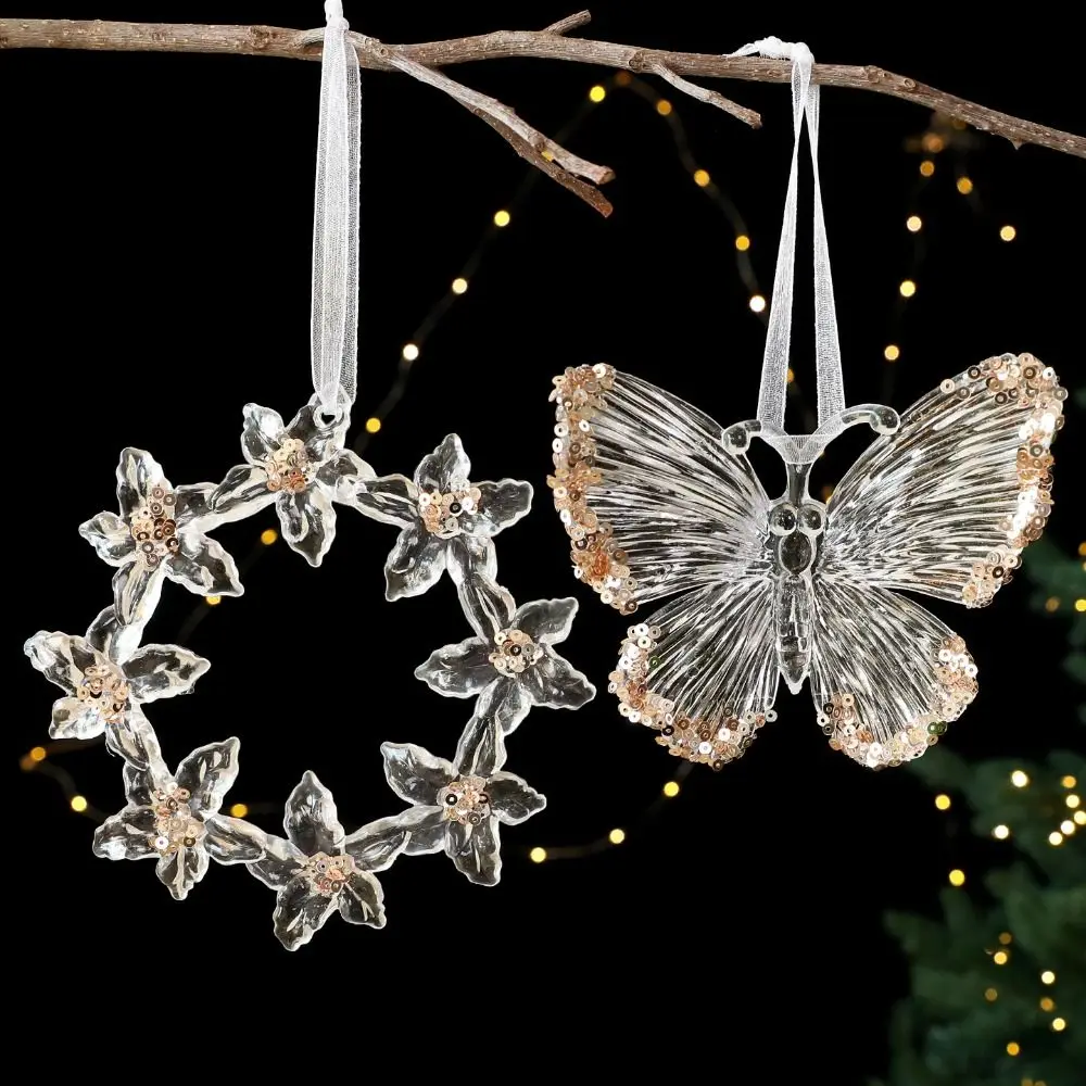 

Sparkling Snowflake Ice Strip Pendants Gold Sequin Ballet Girl Acrylic Christmas Tree Ornaments Transparent with Ribbons