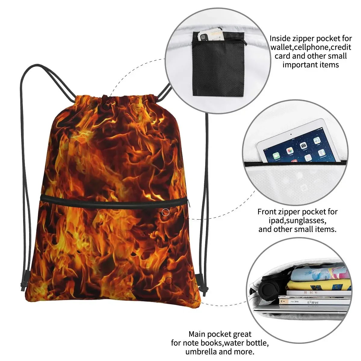 Modello di fuoco e fiamme zaini portatili borsa con coulisse borsa Casual con coulisse tasca per articoli vari borse per studenti delle scuole