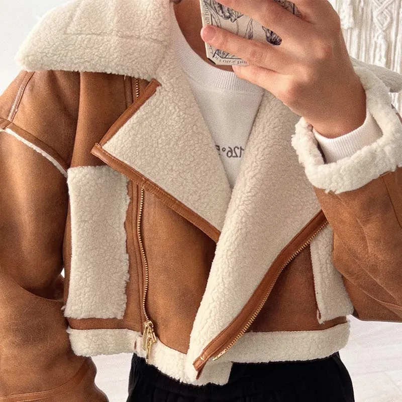 Women Faux Fur Lamb Jacket 2022 Winter Ladies Short Thick Coat Vintage High Street Warm Spliced Female Chic Outwear