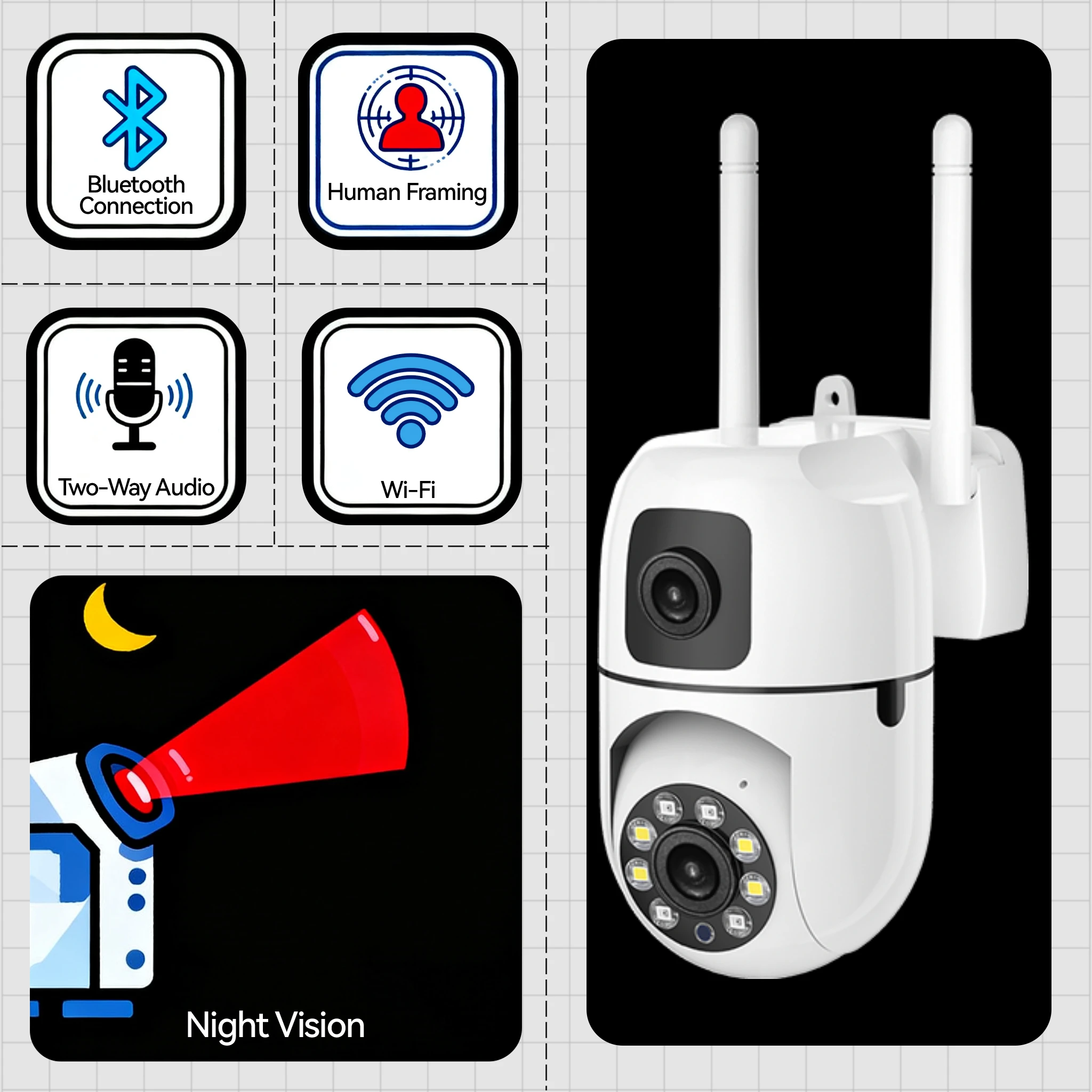 كاميرا IP لاسلكية بعدسة مزدوجة بدقة 5 ميجابكسل |   شاشة مزدوجة، تتبع تلقائي، رؤية ليلية ملونة، مراقبة CCTV بتكبير رقمي 5X
